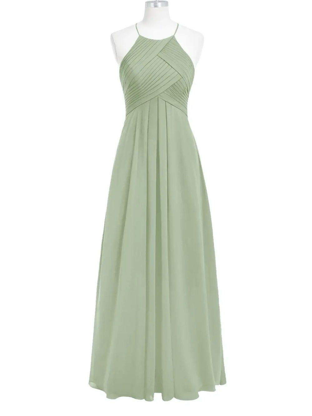 Azazie Ginger Dusty Sage A-Line Halter Pleated Chiffon Dress.